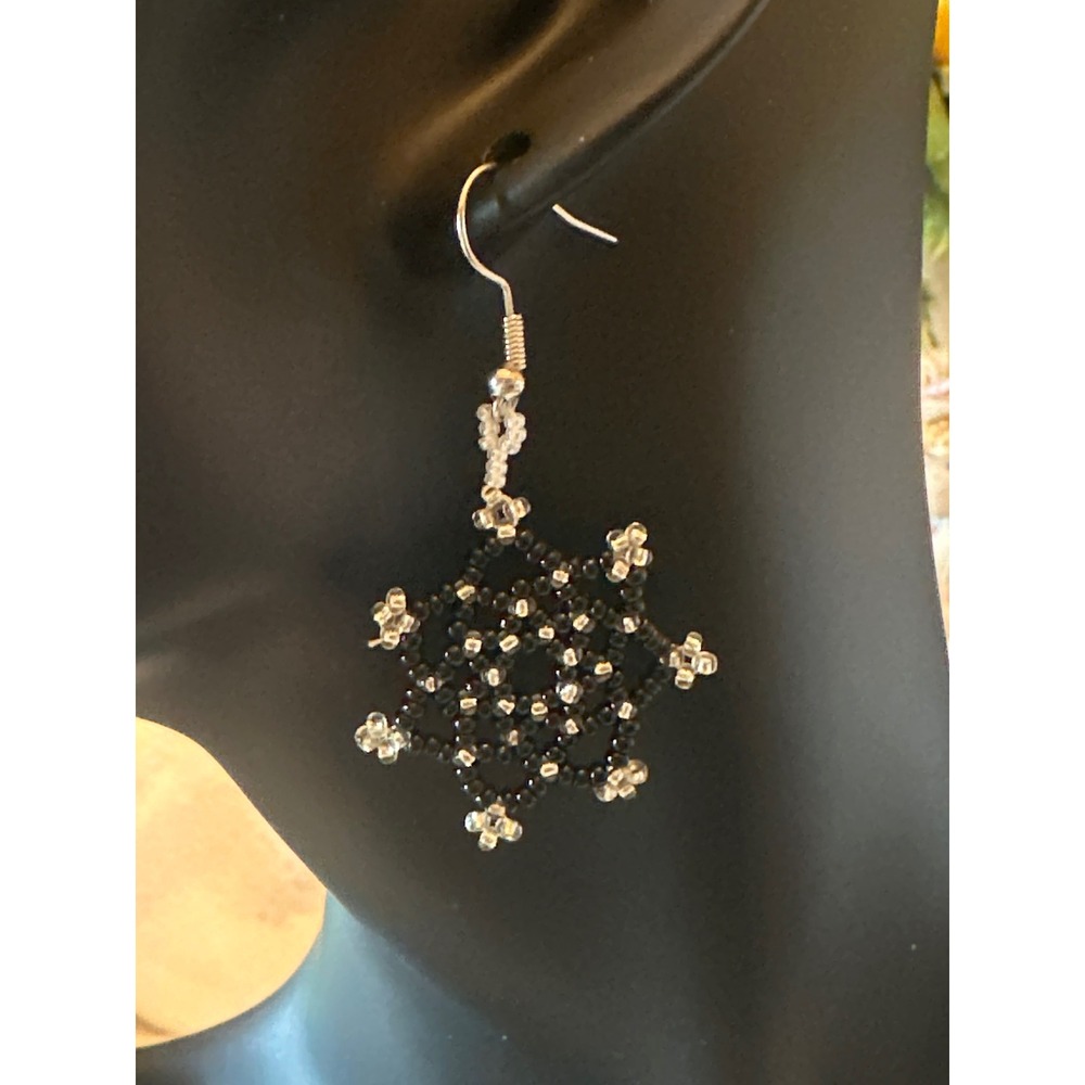Handmade Beaded Snowflake Earrings Black Clear Seed Bead Dangle Boho Jewelry